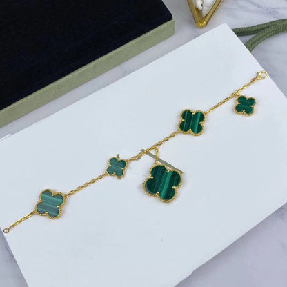 [Radiant Gem]¯MAGIC CLOVER MALACHITE GOLD BRACELET 5 MOTIFS