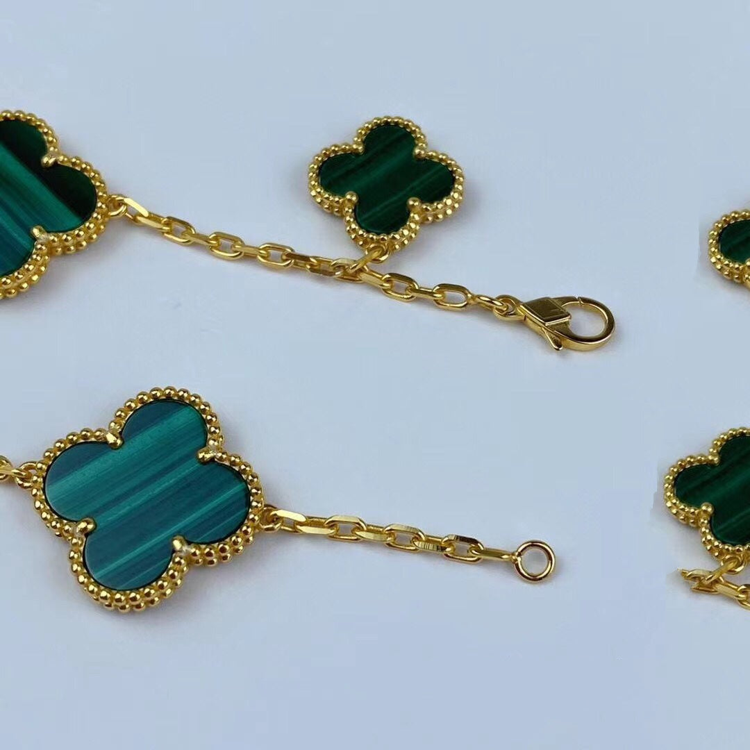 [Radiant Gem]¯MAGIC CLOVER MALACHITE GOLD BRACELET 5 MOTIFS
