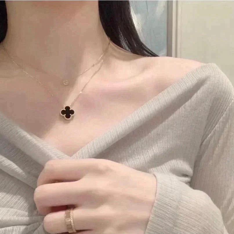 [Radiant Gem]¯CLOVER 15MM BLACK ONYX SINGLE FLOWER NECKLACE