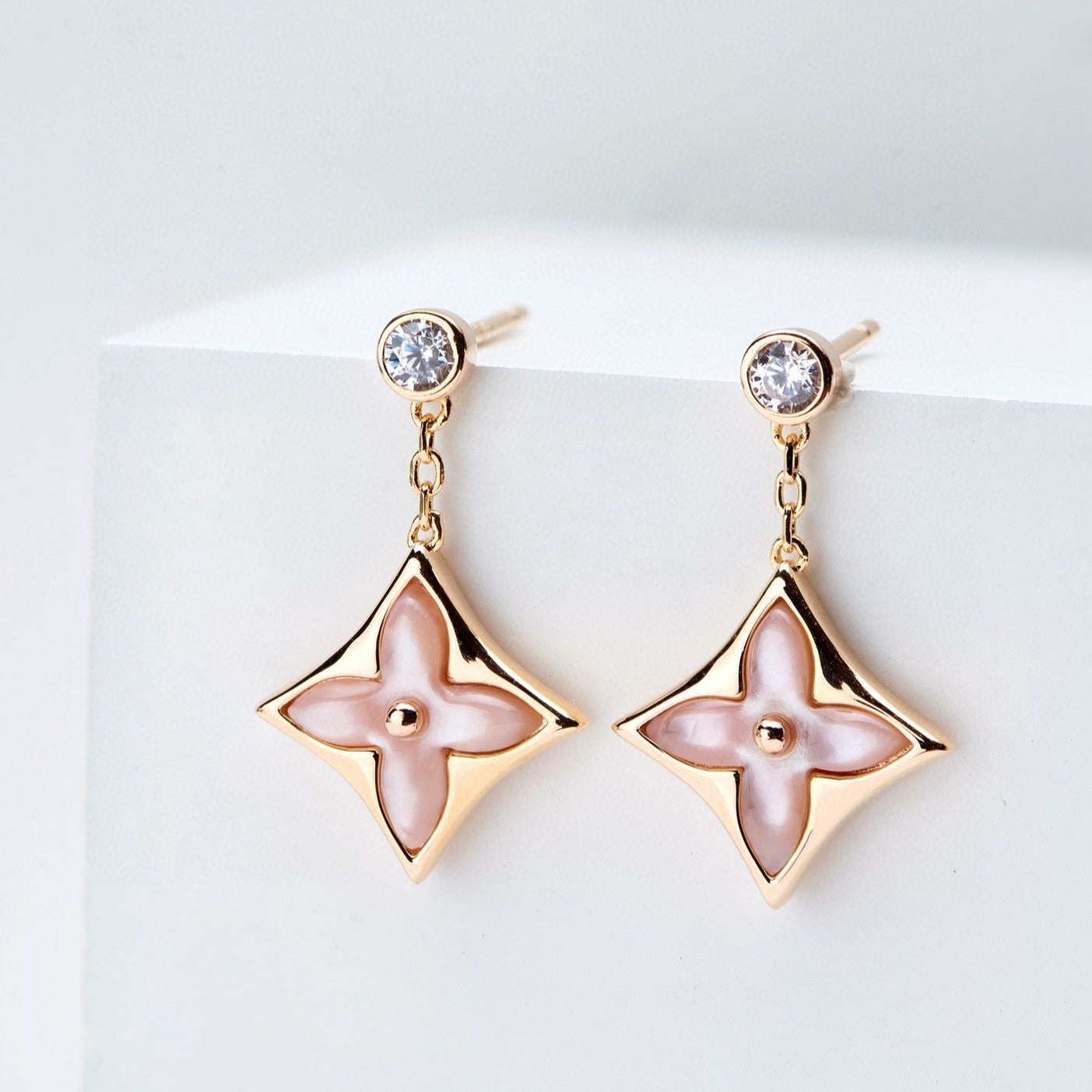 [Radiant Gem]¯DOUBLE STAR PINK GOLD MOP DROP EARRINGS