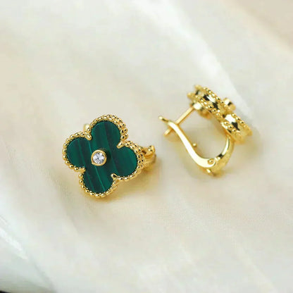 [Radiant Gem]¯CLOVER MEDIUM 1 MOTIFS MALACHITE DIAMOND EARRINGS