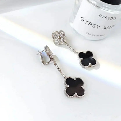 [Radiant Gem]¯CLOVER 2 MOTIFS  DIAMOND ONYX EARRINGS SILVER