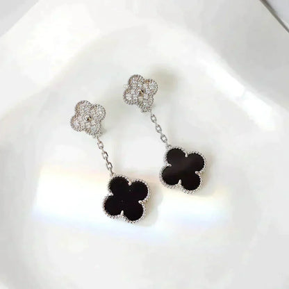 [Radiant Gem]¯CLOVER 2 MOTIFS  DIAMOND ONYX EARRINGS SILVER