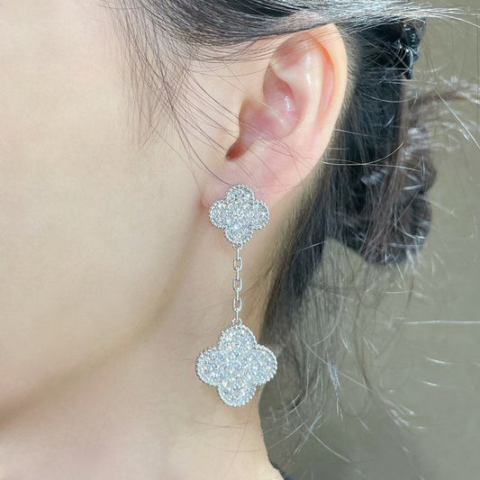 [Radiant Gem]¯CLOVER 2 MOTIFS DIAMOND PAVED SILVER EARRINGS