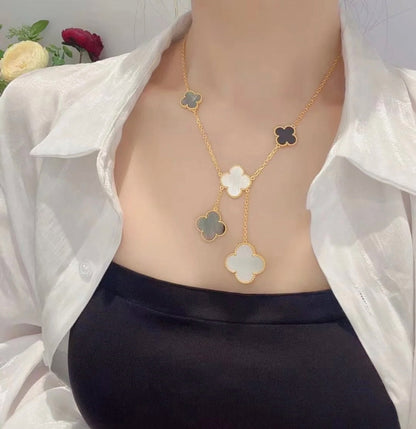 [Radiant Gem]¯CLOVER 6 MOTIF MOP ONYX GOLD NECKLACE