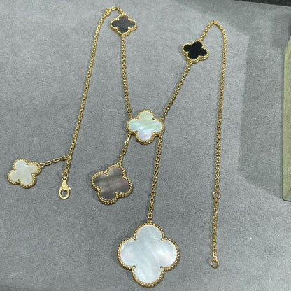 [Radiant Gem]¯CLOVER 6 MOTIF MOP ONYX GOLD NECKLACE
