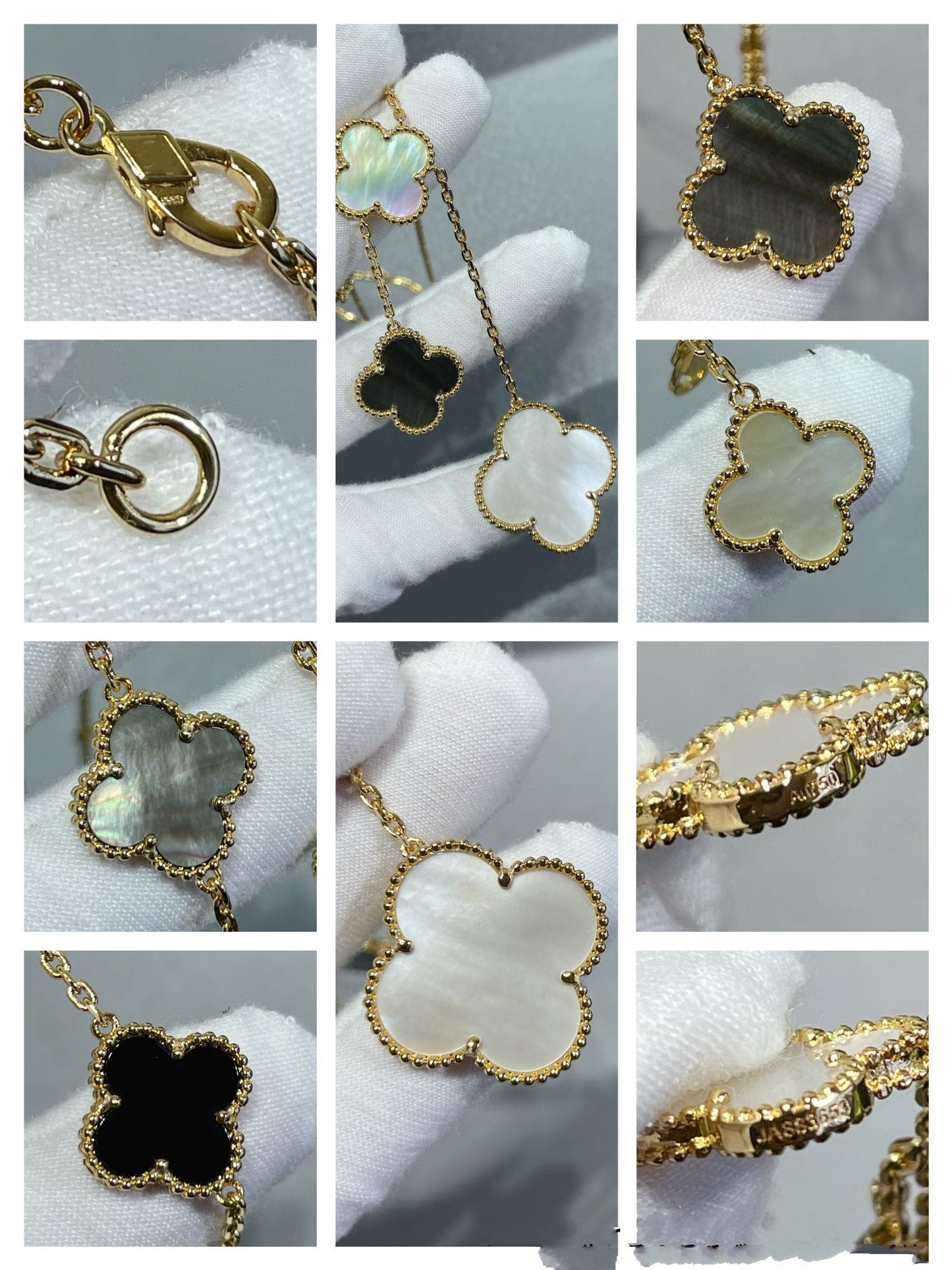 [Radiant Gem]¯CLOVER 6 MOTIF MOP ONYX GOLD NECKLACE
