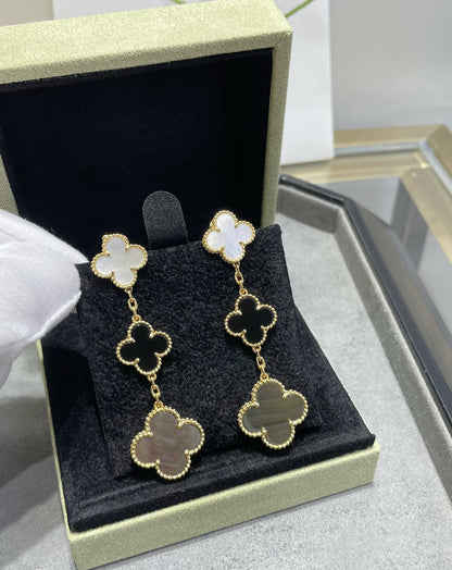 [Radiant Gem]¯CLOVER 3 MOTIF MOP ONYX DARK MOP PINK GOLD EARRINGS