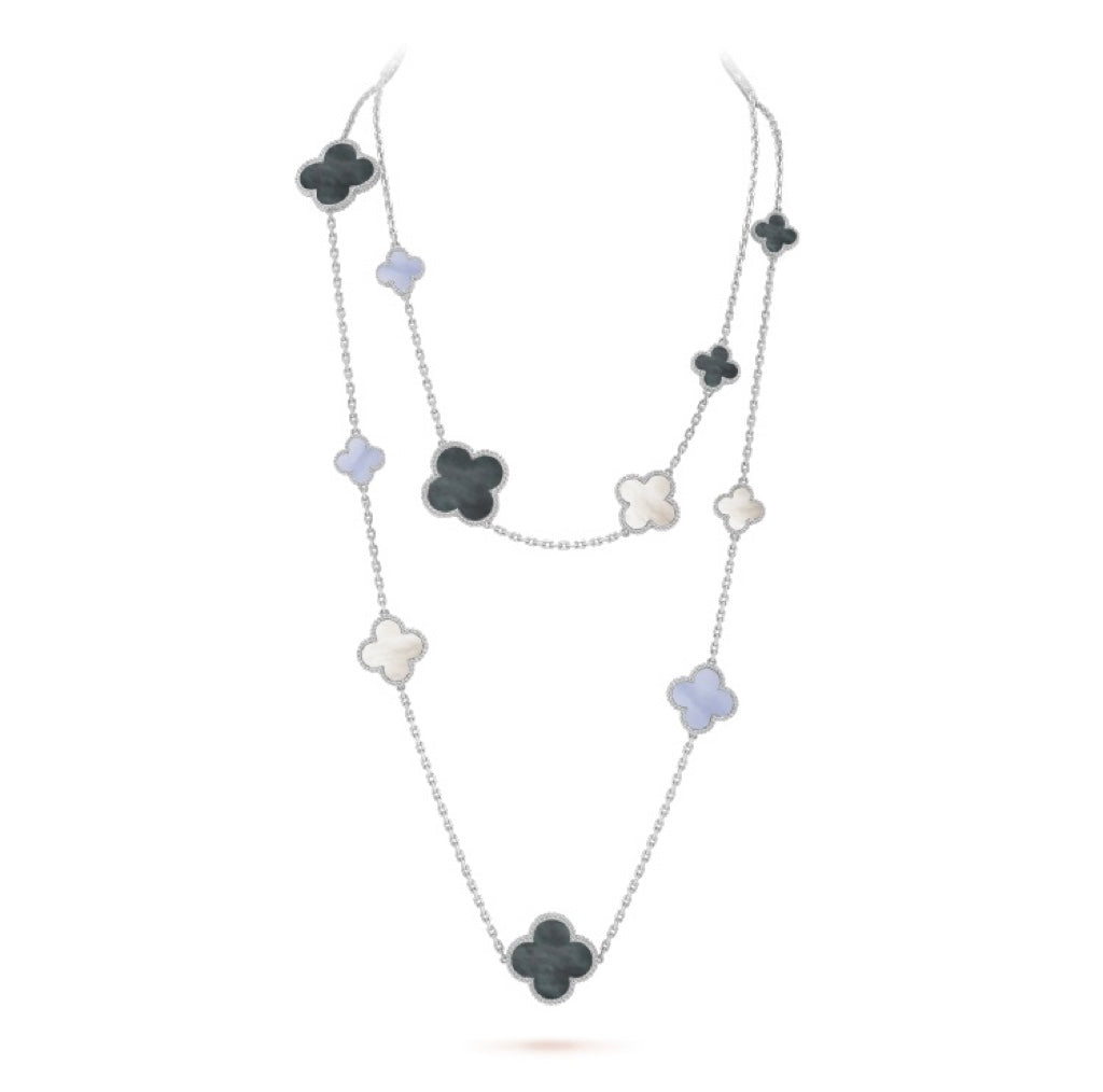 [Radiant Gem]¯CLOVER 16 MOTIF CHALCEDONY MOP SILVER NECKLACE