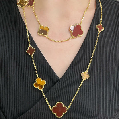 [Radiant Gem]¯CLOVER 16 MOTIF CARNELIAN TIGER EYE ROSE GOLD NECKLACE