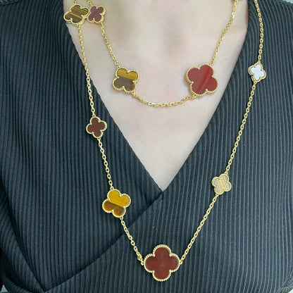 [Radiant Gem]¯CLOVER 16 MOTIF CARNELIAN TIGER EYE ROSE GOLD NECKLACE