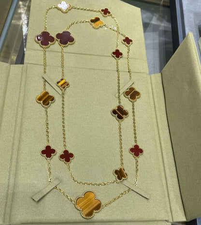 [Radiant Gem]¯CLOVER 16 MOTIF CARNELIAN TIGER EYE ROSE GOLD NECKLACE