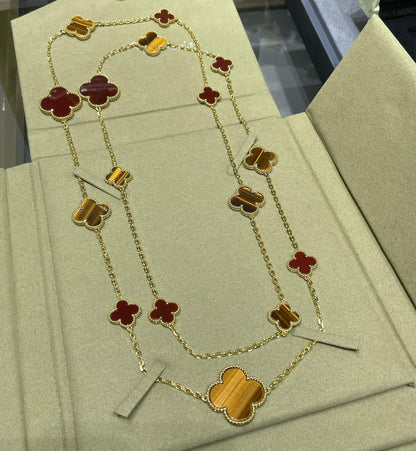 [Radiant Gem]¯CLOVER 16 MOTIF CARNELIAN TIGER EYE ROSE GOLD NECKLACE