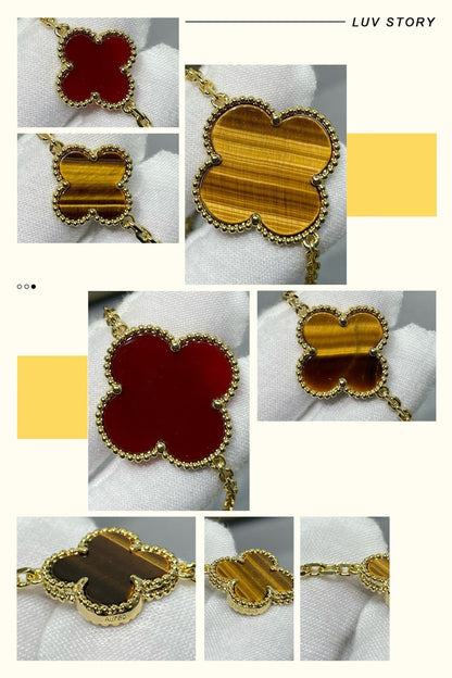 [Radiant Gem]¯CLOVER 16 MOTIF CARNELIAN TIGER EYE ROSE GOLD NECKLACE