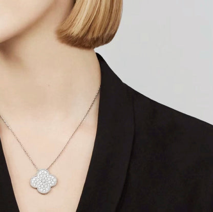 [Radiant Gem]¯CLOVER 25MM LARGE PENDANT DIAMOND PAVED SILVER NECKLACE
