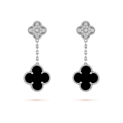 [Radiant Gem]¯CLOVER 2 MOTIFS  DIAMOND ONYX EARRINGS SILVER