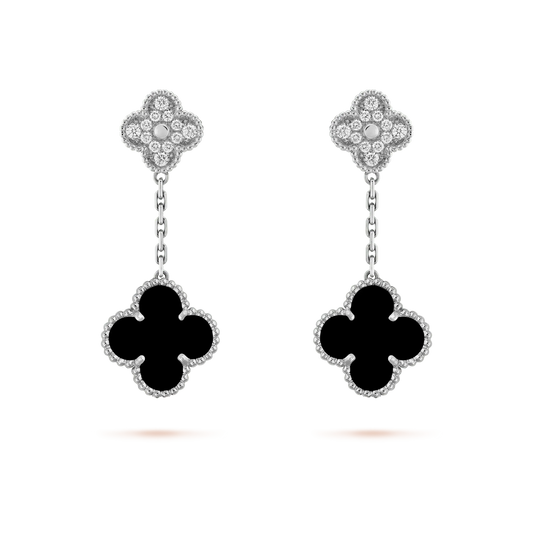 [Radiant Gem]¯CLOVER 2 MOTIFS  DIAMOND ONYX EARRINGS SILVER