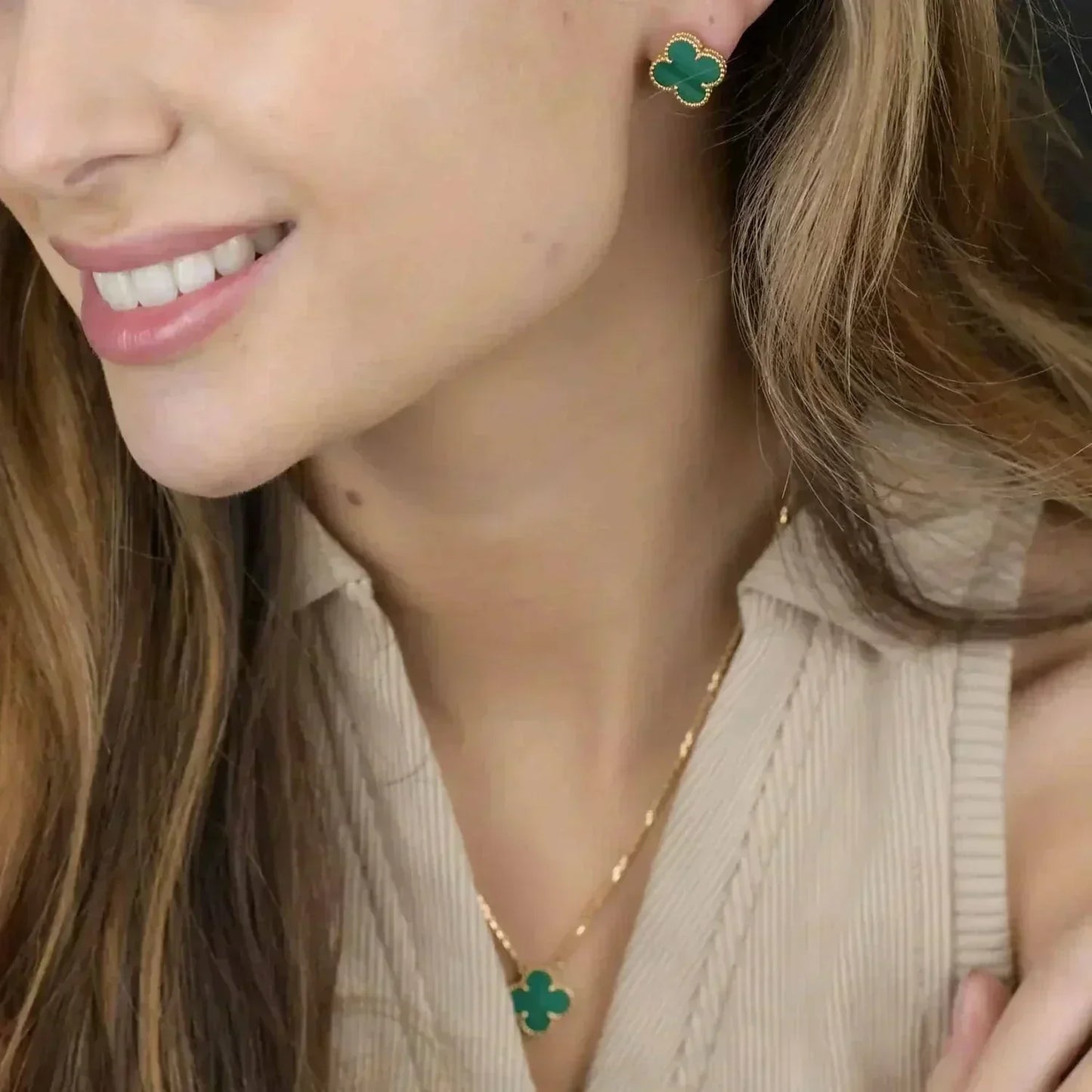 [Radiant Gem]¯CLOVER MINI 9.5MM MALACHITE  EARRINGS