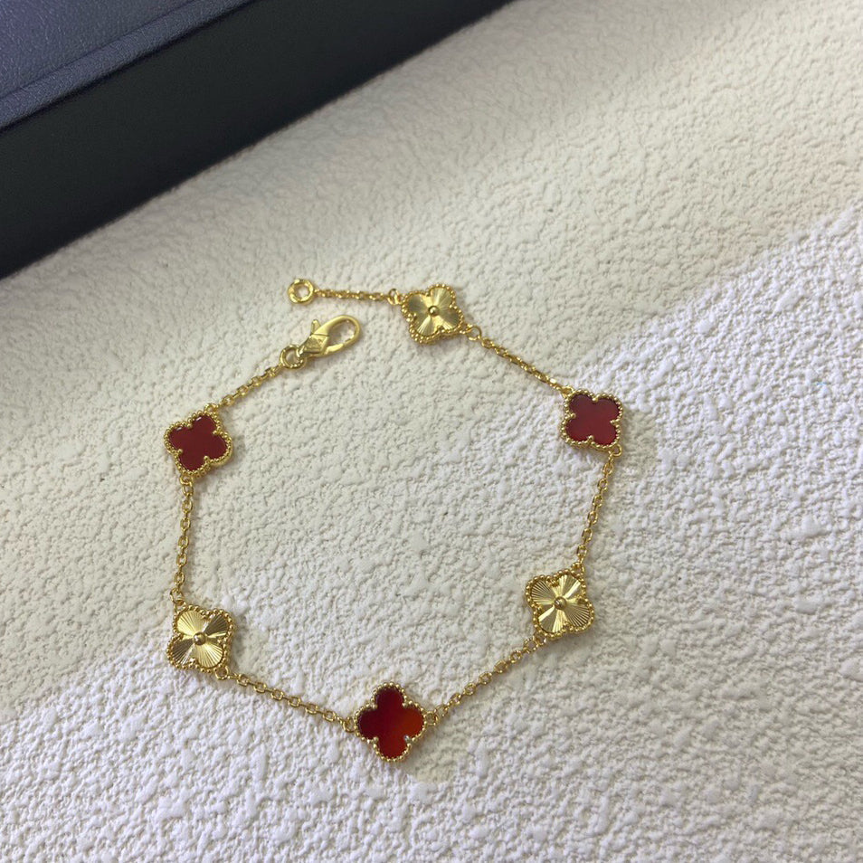 [[Radiant Gem]¯]CLOVER 6 MOTIF RED AGATE LASER BRACELET