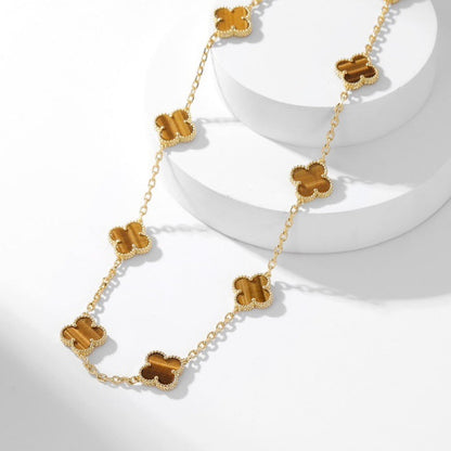 [Radiant Gem]¯CLOVER 10 MOTIFS TIGER EYE NECKLACE