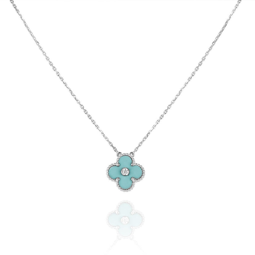[Radiant Gem]¯CLOVER 1 DIAMOND LIGHT BLUE SILVER NECKLACE