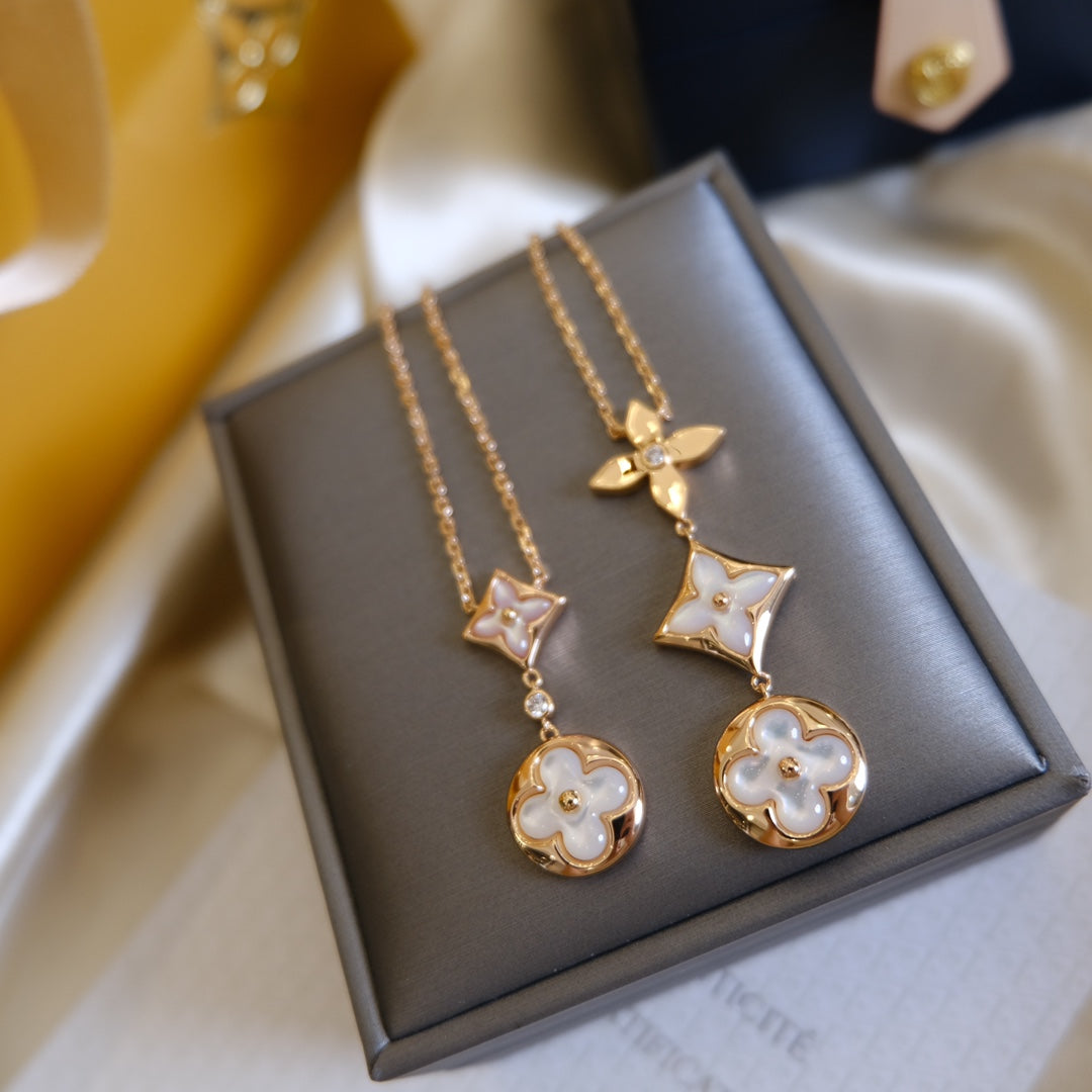 [Radiant Gem]¯COLOR BLOSSOM LARIAT NECKLACE PINK GOLD WHITE MOTHER PEARL AND DIAMOND