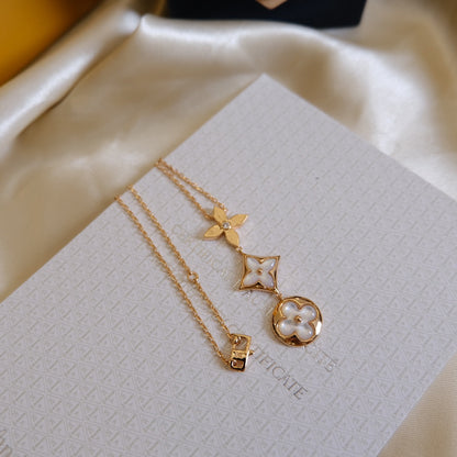 [Radiant Gem]¯COLOR BLOSSOM LARIAT NECKLACE PINK GOLD WHITE MOTHER PEARL AND DIAMOND