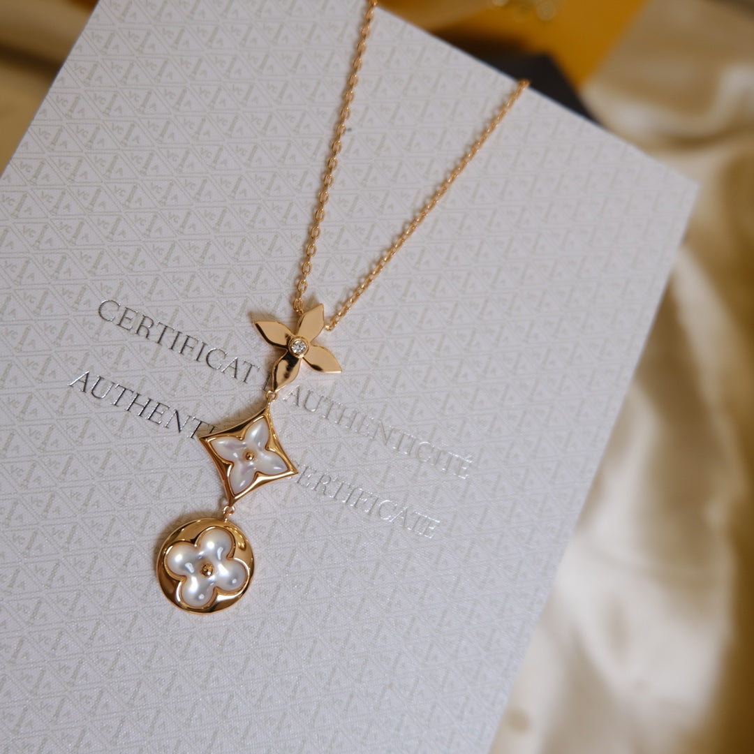 [Radiant Gem]¯COLOR BLOSSOM LARIAT NECKLACE PINK GOLD WHITE MOTHER PEARL AND DIAMOND