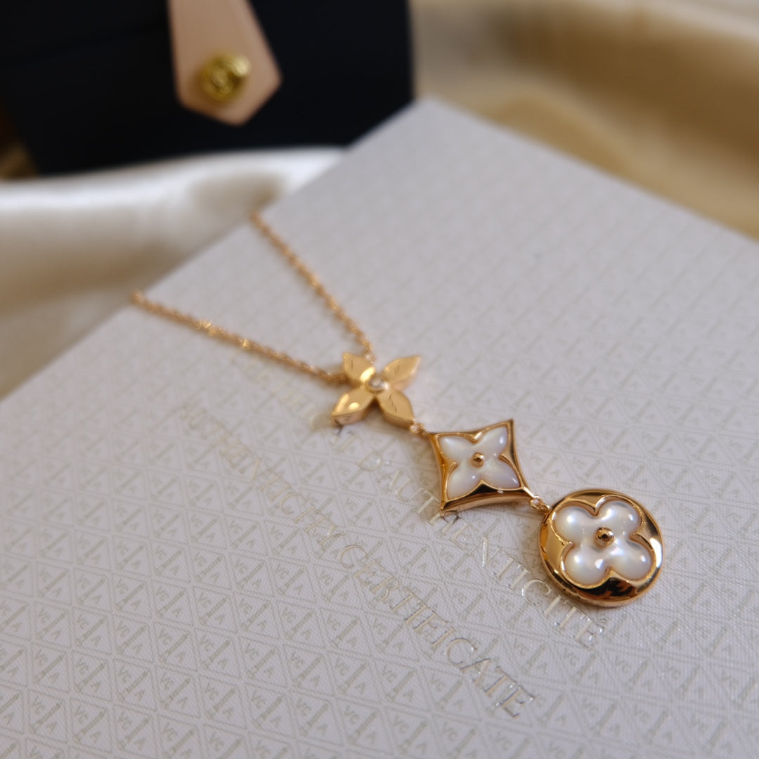 [Radiant Gem]¯COLOR BLOSSOM LARIAT NECKLACE PINK GOLD WHITE MOTHER PEARL AND DIAMOND
