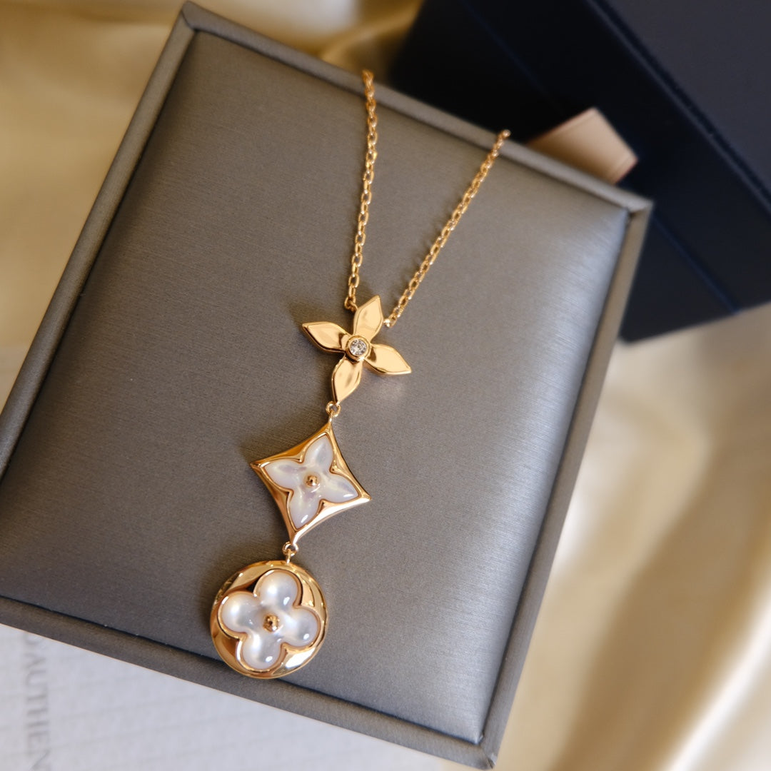[Radiant Gem]¯COLOR BLOSSOM LARIAT NECKLACE PINK GOLD WHITE MOTHER PEARL AND DIAMOND