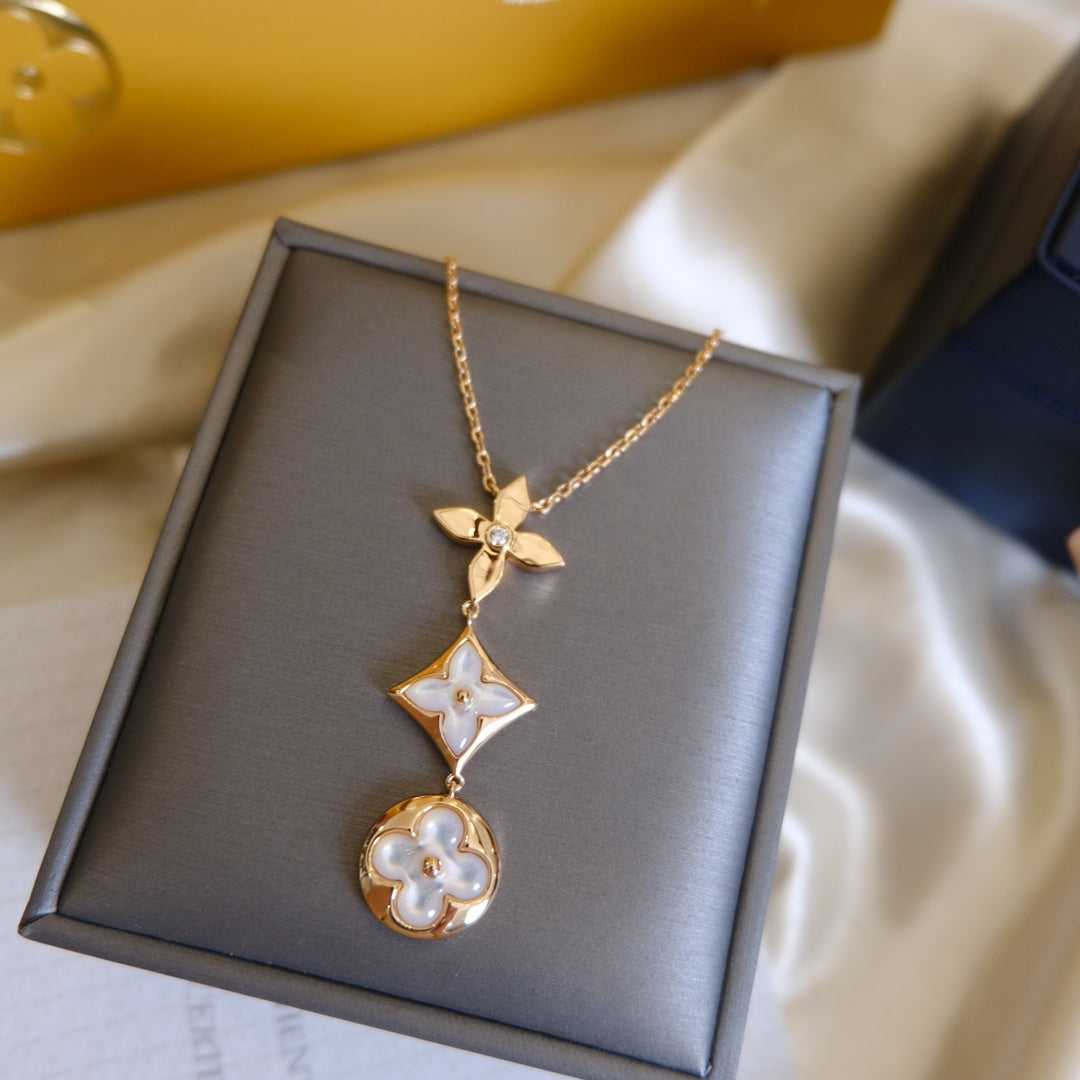 [Radiant Gem]¯COLOR BLOSSOM LARIAT NECKLACE PINK GOLD WHITE MOTHER PEARL AND DIAMOND
