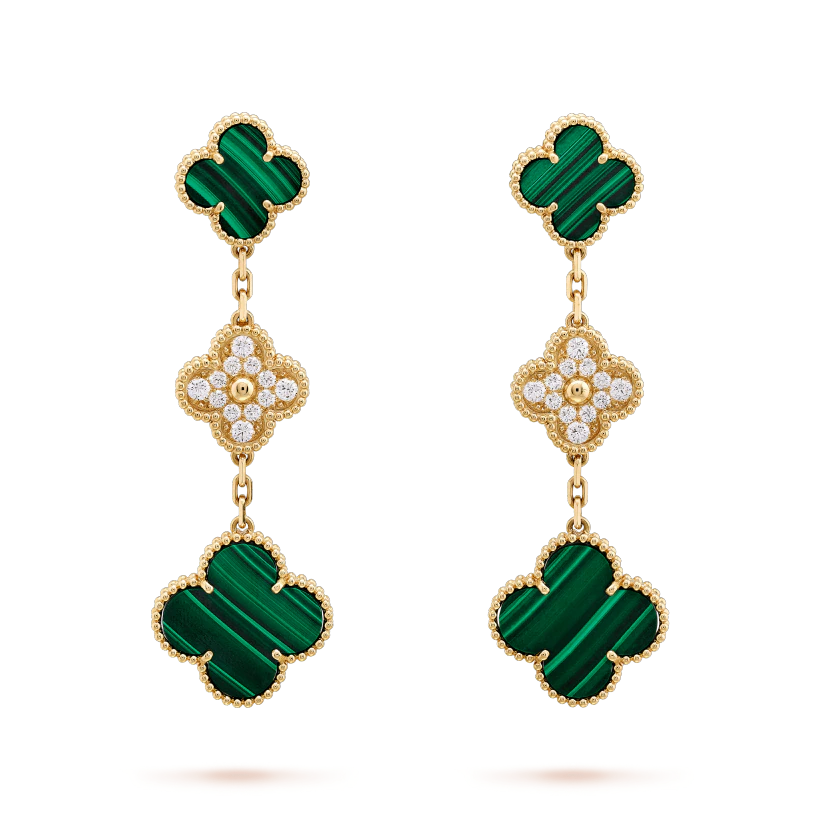 [Radiant Gem]¯CLOVER EARRINGS GOLD MALACHITE DIAMOND 3 MOTIF