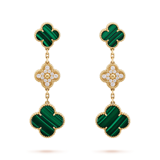[Radiant Gem]¯CLOVER EARRINGS GOLD MALACHITE DIAMOND 3 MOTIF