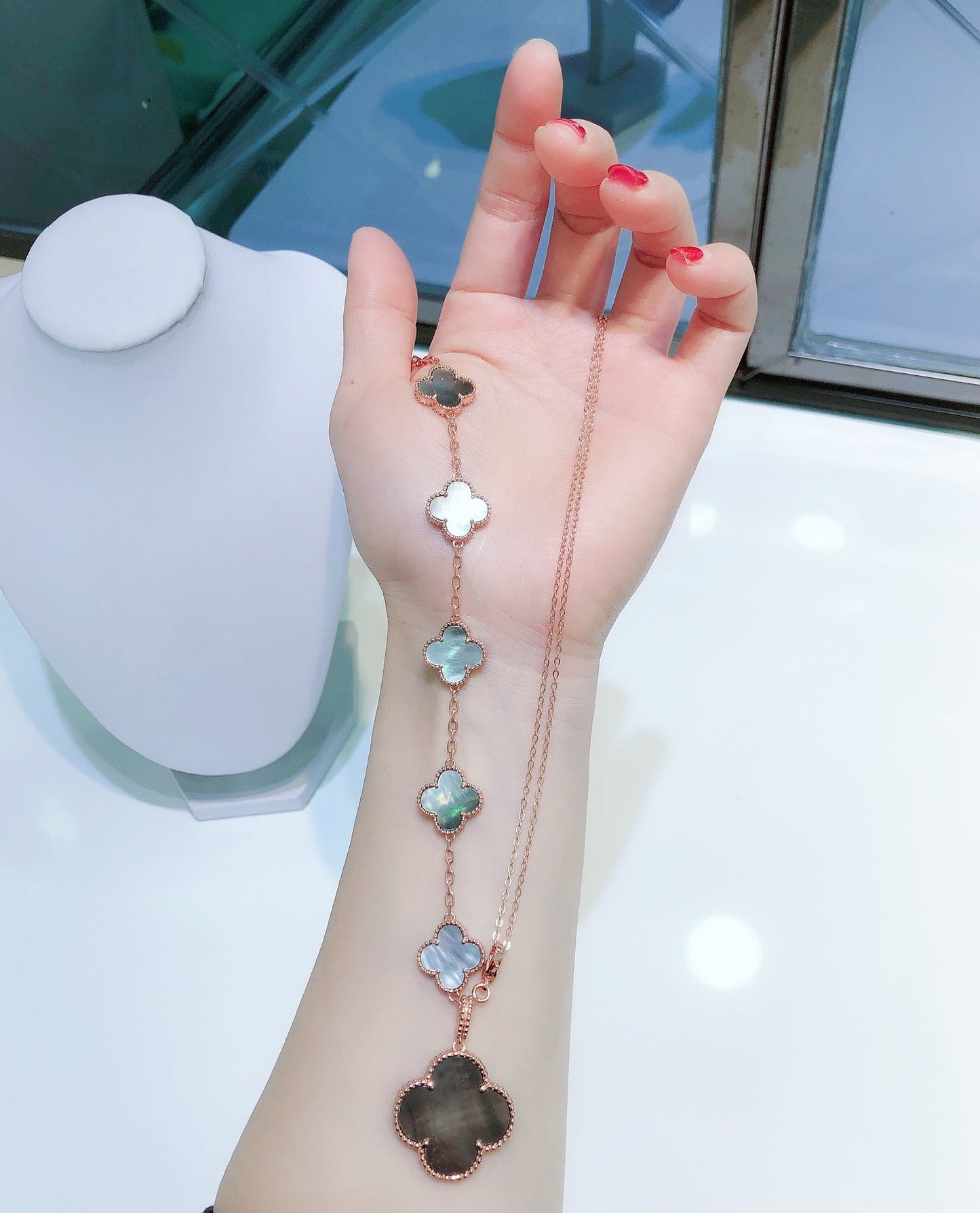 [Radiant Gem]¯COMBINED BRACELET 5 MOTIFS AND NECKLACE DARK MOP ROSE GOLD