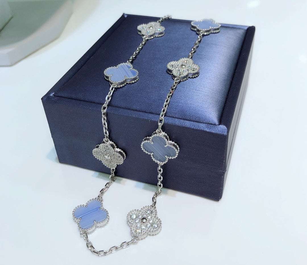 [Radiant Gem]¯CLOVER 10 MOTIFS CHALCEDONY DIAMONDS SILVER NECKLACE