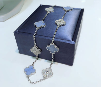 [Radiant Gem]¯CLOVER 10 MOTIFS CHALCEDONY DIAMONDS SILVER NECKLACE