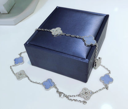 [Radiant Gem]¯CLOVER 10 MOTIFS CHALCEDONY DIAMONDS SILVER NECKLACE