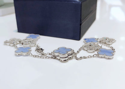 [Radiant Gem]¯CLOVER 10 MOTIFS CHALCEDONY DIAMONDS SILVER NECKLACE