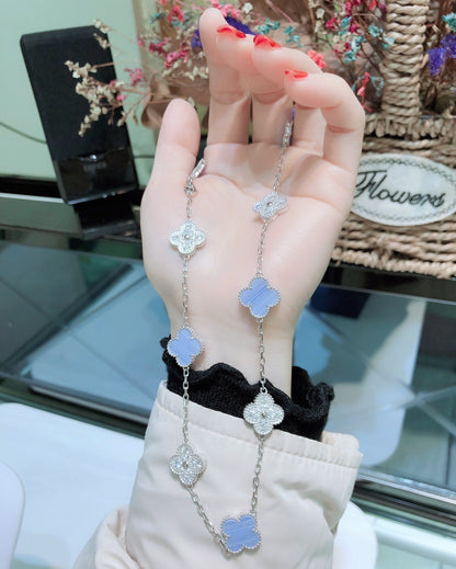 [Radiant Gem]¯CLOVER 10 MOTIFS CHALCEDONY DIAMONDS SILVER NECKLACE
